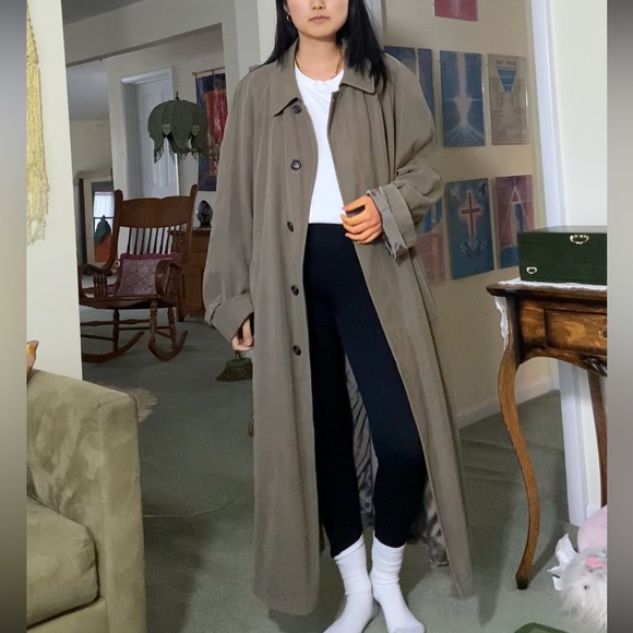 Vintage Jackets & Blazers - Vintage Army Green Khaki Long Coat Full Length Trench Coat Single Breasted